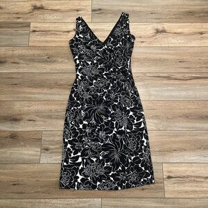 Lauren Ralph Lauren V Neck Shift Dress SZ Medium Black White Floral LRL